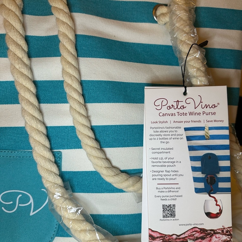 🚨SOLD🚨 Vino turquoise and Cream Striped Canvas Tote Beach Bag - Picture 8 of 8
